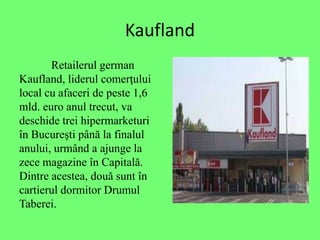 Kaufland
Retailerul german
Kaufland, liderul comer?ului
local cu afaceri de peste 1,6
mld. euro anul trecut, va
deschide trei hipermarketuri
?n Bucure?ti p?n? la finalul
anului, urm?nd a ajunge la
zece magazine ?n Capital?.
Dintre acestea, dou? sunt ?n
cartierul dormitor Drumul
Taberei.
 