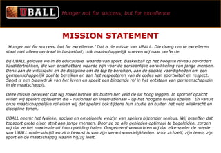 Hunger not for success, but for excellence



                            MISSION STATEMENT
 ‘Hunger not for success, but for excellence.’ Dat is de missie van UBALL. Die drang om te excelleren
staat niet alleen centraal in basketball; ook maatschappelijk streven wij naar perfectie.

Bij UBALL geloven we in de educatieve waarde van sport. Basketball op het hoogste niveau bevordert
karaktertrekken, die van onschatbare waarde zijn voor de persoonlijke ontwikkeling van jonge mensen.
Denk aan de wilskracht en de discipline om de top te bereiken, aan de sociale vaardigheden om een
gemeenschappelijk doel te bereiken en aan het respecteren van de codes van sportiviteit en respect.
Sport is een blauwdruk van het leven en speelt een bindende rol in het ontstaan van gemeenschapszin
in de maatschappij.

Deze missie betekent dat wij zowel binnen als buiten het veld de lat hoog leggen. In sportief opzicht
willen wij spelers opleveren die - nationaal en internationaal - op het hoogste niveau spelen. En vanuit
onze maatschappelijke rol eisen wij dat spelers ook tijdens hun studie en buiten het veld wilskracht en
discipline tonen.

UBALL neemt het fysieke, sociale en emotionele welzijn van spelers bijzonder serieus. Wij beseffen dat
topsport grote eisen stelt aan jonge mensen. Door ze op alle gebieden optimaal te begeleiden, zorgen
wij dat ze het maximale uit hun opleiding halen. Omgekeerd verwachten wij dat elke speler de missie
van UBALL onderschrijft en zich bewust is van zijn verantwoordelijkheden: voor zichzelf, zijn team, zijn
sport en de maatschappij waarin hij/zij leeft.
 