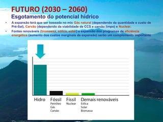 FUTURO (2030 – 2060)

Esgotamento do potencial hídrico
•
•

A expansão terá que ser baseada no mix Gás natural (dependendo da quantidade e custo de
Pré-Sal), Carvão (dependendo da viabilidade de CCS e carvão limpo) e Nuclear.
Fontes renováveis (biomassa, eólica, solar) e expansão dos programas de eficiência
​
energética (aumento dos custos marginais de expansão) serão um complemento importante

 