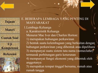 Tujuan
Materi
Referensi
Uji
Kompetensi
Contoh Soal
E. BEBERAPA LEMBAGA YANG PENTING DI
MASYARAKAT
1.Lembaga Keluarga
a. Karakteristik Keluarga
Menurut Mac Iver dan Charlen Horton:
1) merupakan hubungan perkawinan
2) bentuk suatu kelembagaan yang berkaitan dengan
hubungan perkawinan yang dibentuk atau dipelihara
3) mempunyai suatu sistem tata nama (nomeclatur)
termasuk perhitungan garis keturunan
4) mempunyai fungsi ekonomi yang dibentuk oleh
anggotanya
5) merupakan tempat tinggal bersama, rumah atau
rumah tangga
 