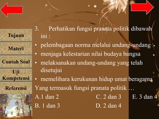Tujuan
Materi
Referensi
Uji
Kompetensi
Contoh Soal
3. Perhatikan fungsi pranata politik dibawah
ini :
• pelembagaan norma melalui undang-undang
• menjaga kelestarian nilai budaya bangsa
• melaksanakan undang-undang yang telah
disetujui
• memelihara kerukunan hidup umat beragama
Yang termasuk fungsi pranata politik …
A.1 dan 2 C. 2 dan 3 E. 3 dan 4
B. 1 dan 3 D. 2 dan 4
 