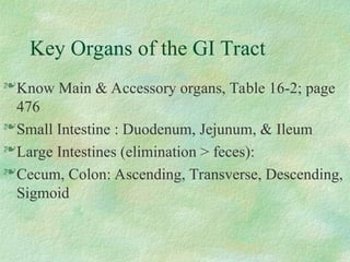 Key Organs of the GI Tract
Know Main & Accessory organs, Table 16-2; page
476
Small Intestine : Duodenum, Jejunum, & Ileum
Large Intestines (elimination > feces):
Cecum, Colon: Ascending, Transverse, Descending,
Sigmoid
 