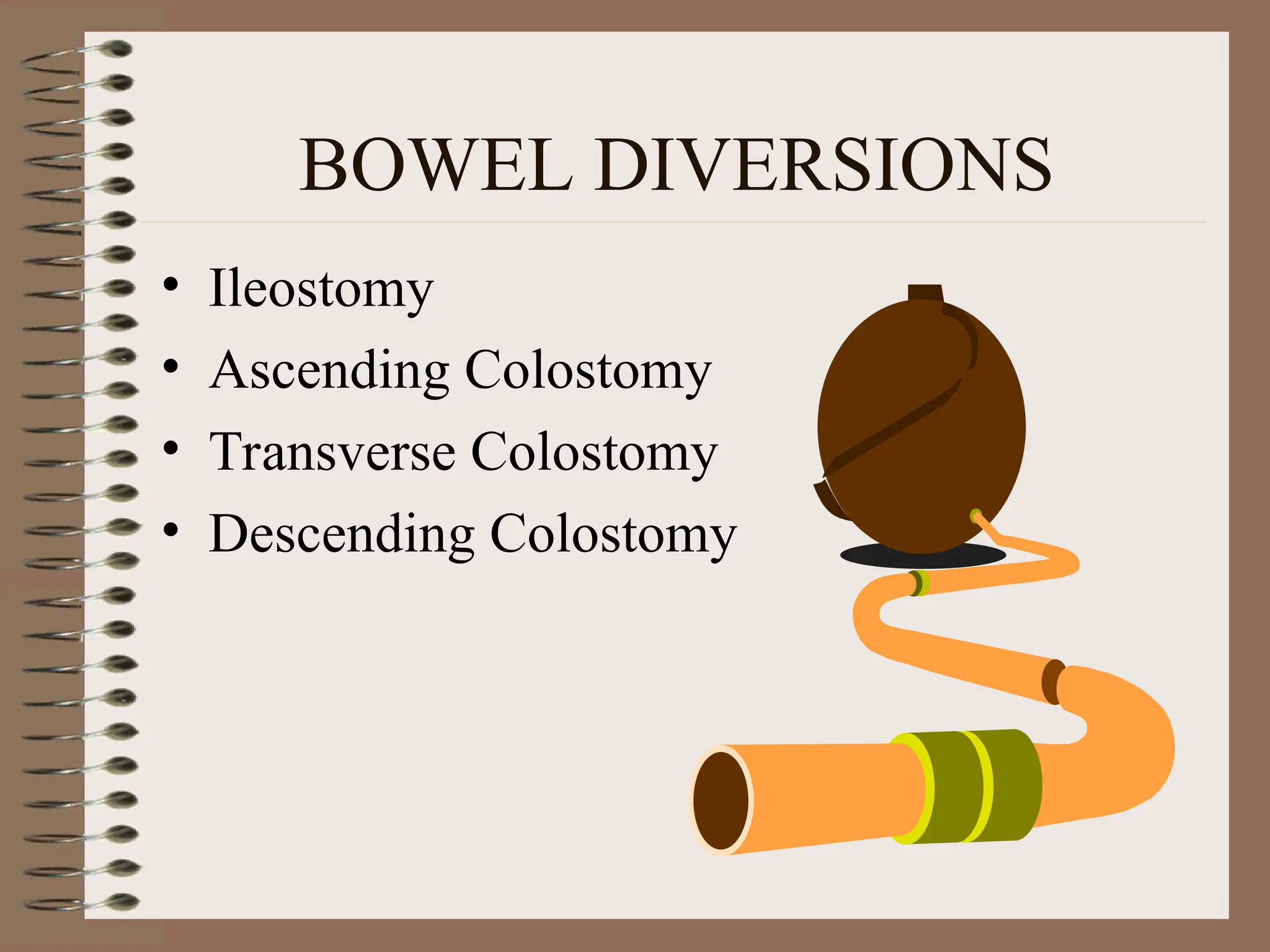 BOWEL DIVERSIONS
• Ileostomy
• Ascending Colostomy
• Transverse Colostomy
• Descending Colostomy
 