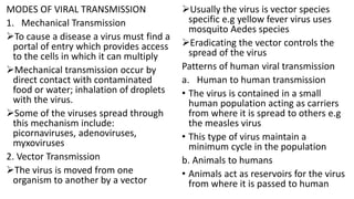 MODES OF VIRAL TRANSMISSION
1. Mechanical Transmission
To cause a disease a virus must find a
portal of entry which provides access
to the cells in which it can multiply
Mechanical transmission occur by
direct contact with contaminated
food or water; inhalation of droplets
with the virus.
Some of the viruses spread through
this mechanism include:
picornaviruses, adenoviruses,
myxoviruses
2. Vector Transmission
The virus is moved from one
organism to another by a vector
Usually the virus is vector species
specific e.g yellow fever virus uses
mosquito Aedes species
Eradicating the vector controls the
spread of the virus
Patterns of human viral transmission
a. Human to human transmission
• The virus is contained in a small
human population acting as carriers
from where it is spread to others e.g
the measles virus
• This type of virus maintain a
minimum cycle in the population
b. Animals to humans
• Animals act as reservoirs for the virus
from where it is passed to human
 