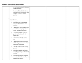 Semester 1 Theory and lab Learning Modules
of relevant technology for client care
and documentation.
● Students will be able to function in
accordance with the ethical and legal
standards of practical nursing
practice.
Course Outcomes-
● Describe the role of the practical
nurse and other healthcare team
members.
● Identify basic critical thinking skills
and problem-solving to provide
holistic nursing care to Clients.
● Recognize standards of care that
provide the foundation for safe
nursing care.
● Demonstrate culturally sensitive
care.
● Identify methods and techniques in
which caring is communicated in the
nurse- client relationship.
● Describe the phases of the nursing
process.
● Describe the anatomy, physiology,
and pathophysiology of selected body
systems.
● Describe data collection techniques
to assist with identification of normal
and abnormal findings.
 