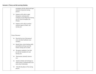 Semester 1 Theory and lab Learning Modules
accordance with the ethical and legal
standards of practical nursing
practice.
● Students will be able to apply
therapeutic communication
techniques in providing basic nursing
care for clients throughout the
lifespan.
● Students will be able to perform
technical aspects of basic, safe
nursing care.
Course Outcomes-
● Describe the role of the practical
nurse and other healthcare team
members.
● Identify basic critical thinking skills
and problem-solving to provide
holistic nursing care to clients.
● Recognize standards of care that
provide the foundation for safe
nursing care.
● Demonstrate culturally sensitive
care.
● Identify methods and techniques in
which caring is communicated in the
nurse-client relationship.
● Describe the phases of the nursing
process.
 