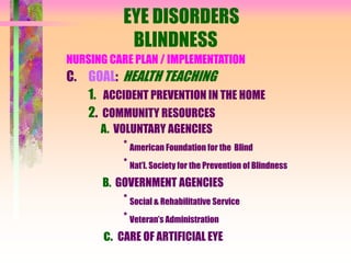 EYE DISORDERS
BLINDNESS
NURSING CARE PLAN / IMPLEMENTATION
C. GOAL: HEALTH TEACHING
1. ACCIDENT PREVENTION IN THE HOME
2. COMMUNITY RESOURCES
A. VOLUNTARY AGENCIES
* American Foundation for the Blind
* Nat’l. Society for the Prevention of Blindness
B. GOVERNMENT AGENCIES
* Social & Rehabilitative Service
* Veteran’s Administration
c. CARE OF ARTIFICIAL EYE
 