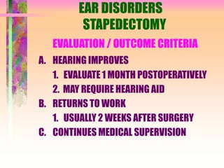 EAR DISORDERS
STAPEDECTOMY
EVALUATION / OUTCOME CRITERIA
A. HEARING IMPROVES
1. EVALUATE 1 MONTH POSTOPERATIVELY
2. MAY REQUIRE HEARING AID
B. RETURNS TO WORK
1. USUALLY 2 WEEKS AFTER SURGERY
C. CONTINUES MEDICAL SUPERVISION
 