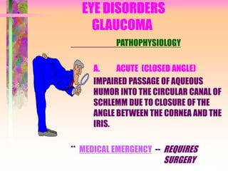 EYE DISORDERS
GLAUCOMA
PATHOPHYSIOLOGY
A. ACUTE (CLOSED ANGLE)
IMPAIRED PASSAGE OF AQUEOUS
HUMOR INTO THE CIRCULAR CANAL OF
SCHLEMM DUE TO CLOSURE OF THE
ANGLE BETWEEN THE CORNEA AND THE
IRIS.
** MEDICAL EMERGENCY -- REQUIRES
SURGERY
 