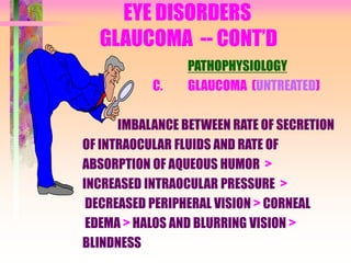 EYE DISORDERS
GLAUCOMA -- CONT’D
PATHOPHYSIOLOGY
C. GLAUCOMA (UNTREATED)
IMBALANCE BETWEEN RATE OF SECRETION
OF INTRAOCULAR FLUIDS AND RATE OF
ABSORPTION OF AQUEOUS HUMOR >
INCREASED INTRAOCULAR PRESSURE >
DECREASED PERIPHERAL VISION > CORNEAL
EDEMA > HALOS AND BLURRING VISION >
BLINDNESS
 