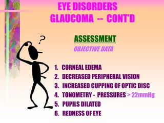 EYE DISORDERS
GLAUCOMA -- CONT’D
ASSESSMENT
OBJECTIVE DATA
1. CORNEAL EDEMA
2. DECREASED PERIPHERAL VISION
3. INCREASED CUPPING OF OPTIC DISC
4. TONOMETRY - PRESSURES > 22mmHg
5. PUPILS DILATED
6. REDNESS OF EYE
 