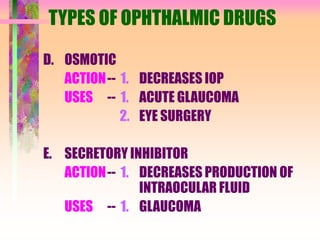 TYPES OF OPHTHALMIC DRUGS
D. OSMOTIC
ACTION-- 1. DECREASES IOP
USES -- 1. ACUTE GLAUCOMA
2. EYE SURGERY
E. SECRETORY INHIBITOR
ACTION-- 1. DECREASES PRODUCTION OF
INTRAOCULAR FLUID
USES -- 1. GLAUCOMA
 