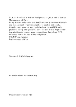 NUR2115 Module 2 Written Assignment – QSEN and Effective
Management of Care
Being able to understand how QSEN relates to care coordination
and management of care is essential to quality and safety.
Complete the template by explaining how each QSEN topic
promotes safety and quality of care. Include a title page and in-
text citations to support your explanations. Include an APA
reference list at the end of the assignment.
QSEN Competencies
Patient-centered Care
Teamwork & Collaboration
Evidence-based Practice (EBP)
Quality Improvement (QI)
 