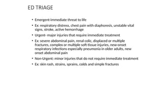 • Emergent-immediate threat to life
• Ex: respiratory distress, chest pain with diaphoresis, unstable vital
signs, stroke, active hemorrhage
• Urgent- major injuries that require immediate treatment
• Ex: severe abdominal pain, renal colic, displaced or multiple
fractures, complex or multiple soft tissue injuries, new-onset
respiratory infections especially pneumonia in older adults, new
onset abdominal pain
• Non-Urgent: minor injuries that do not require immediate treatment
• Ex: skin rash, strains, sprains, colds and simple fractures
ED TRIAGE
 