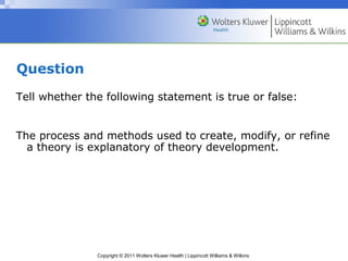 Copyright © 2011 Wolters Kluwer Health | Lippincott Williams & Wilkins
Question
Tell whether the following statement is true or false:
The process and methods used to create, modify, or refine
a theory is explanatory of theory development.
 