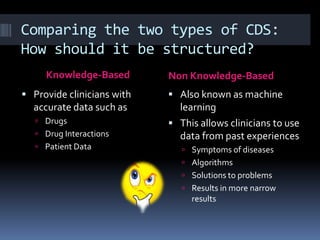 Comparing the two types of CDS:
How should it be structured?
     Knowledge-Based        Non Knowledge-Based
 Provide clinicians with    Also known as machine
  accurate data such as       learning
    Drugs                   This allows clinicians to use
    Drug Interactions        data from past experiences
    Patient Data               Symptoms of diseases
                                Algorithms
                                Solutions to problems
                                Results in more narrow
                                 results
 