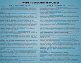 WOMEN VETERANS’ RESOURCES 
MENTAL HEALTH RESOURCES 
After Deployment - http://www.afterdeployment.org. This website provides 
“self care” solutions targeting Post Traumatic Stress Disorder, Depression and 
other behavioral health challenges commonly faced after deployment. There are 
self-assessment tools, videos, and other resources for both veterans and family 
members. 
Coming Home Project - http://www.cominghomeproject.net. This website is 
devoted to providing compassionate care, support and stress management tools for 
Iraq and Afghanistan veterans and their families. A range of free services 
including: residential retreats, psychological counseling, education, training, and 
consultation, self-care for service providers; and community. 
Courage Beyond at Centerstone - http://couragebeyond.org .This site is 
intended for : Warriors from any branch of service who are currently serving or 
have served in combat – especially those who have recently come home. Family 
members and close friends of warriors that deal with the effects of combat stress 
on a daily basis. Under the “group” section, you can sign up for 60-90 minute 
video classes that may be helpful in understanding readjustment issues. 
National Center for PTSD - http://www.ptsd.va.gov. The VA’s website for 
everything they have to offer on PTSD. 
Suicide Prevention Action Network - http://www.spanusa.org. A national 
suicide prevention organization that provides information that may be helpful for 
veterans and their families. 1-800-273-TALK. 
Red Cross - http://www.redcross.org. Go to “Getting Assistance” and click on 
“Military Families” to find out about the resources that are offered by the Red 
Cross with regard to counseling and other social services needs or call 1-877-272- 
7337. 
Substance Abuse and Mental Health Administration - http://www.samhsa.gov. 
The US Dept. of Health and Human Services link to mental health resources. 
Vet Centers - http://www.vetcenter.va.gov. Vet Centers offer a wide range of 
services to help veterans make a successful transition from military to civilian life 
including: individual and group counseling, marital and family counseling, 
medical and benefits referrals, bereavement counseling, and employment 
counseling. 
PTSD Coach Mobile App - http://www.ptsd.va.gov/public/page/ptsdcoach.asp. 
Free for iPhone and Android, info on PTSD and treatments that work, tools for 
screening and tracking symptoms, skills to handle stress symptoms, and direct 
links to support and help. Free PTSD Coach download from iTunes & Google 
Play. 
National Alliance on Mental Illness - http://www.nami.org/veterans. Specific 
information about veterans and mental health related illnesses and information for 
resources for veterans and their families. 
Give An Hour - http://www.giveanhour.org. Provides free mental health 
services to US military personnel and families. 
RESOURCES FOR FEMALE VETERANS 
VA Centers for Women Veterans - www.va.gov/womenvet/. Access information, fact 
sheets, frequently asked questions, and reports for women veterans covering health care, 
mental health and sexual trauma counseling. 
Final Salute - http://www.finalsaluteinc.org. Offers programs that provide housing and 
financial assistance to homeless female veterans and their children in the District of 
Columbia, Maryland and Virginia. 
Grace After Fire - http://www.graceafterfire.org. Connects women veterans and 
clinical providers who specialize in treating mental health, substance abuse and trauma 
issues of women who have served. 
Homeless Women Veterans Listening Sessions - 
http://www.dol.gov/wb/programs/listeningsessions.htm. Details the unique needs of 
homeless women veterans based on interviews conducted by the Dept. of Labor. 
Service Women’s Action Network - http://servicewomen.org. Connects women 
veterans with mentors for personal and professional guidance, legal advice and 
counseling services. 
Trauma Informed Care for Women Veterans Experiencing Homelessness – 
http://www.dol.gov/wb/trauma/WBTraumaGuide2011.pdf. Commissioned by the US 
Dept. of Labor Women’s Bureau as one of its many efforts to help women veterans who 
are experiencing homelessness find jobs and successfully reintegrate back to civilian life. 
Women Marines Association Emergency Fund for Veterans - 
http://www.womenmarines.org. Provides assistance up to $1,000 to help women 
veterans facing emergency short-term needs due to severe illness, loss of support and 
catastrophic accidents. 
WOVEN –Women Veterans Network - http://womenveteransnetwork.org. This 
network is woven together by a common desire to connect for social support and 
camaraderie, share information and resources and serve veterans and local communities. 
American Women Veterans - http://americanwomenveterans.org. Dedicated to 
preserving and promoting the legacy of service women, veterans and their families. This 
organization also researches the ongoing needs of service women and their families with 
the goal to register and launch programs benefitting service members. Offers services 
including how to help homeless female veterans transition to civilian life.. 
Military.com - http://www.military.com/benefits/veterans-benefits/women-veterans. 
html. This link provides access to information for women veterans about their 
military benefits. 
Vietnam Veterans of America, Women Veterans Committee - 
http://www.vva.org/Committees/WomenVeterans/index.html. Reports and 
information on a wide array of issues important to the women who served in Vietnam and 
other wars. 
Sexual Harassment/Assault Response & Prevention (SHARP) - 
http://www.sexualassault.army.mil/. The Army's SHARP Program is an integrated, 
proactive effort by the Army to end sexual harassment and sexual assault within its ranks. 
