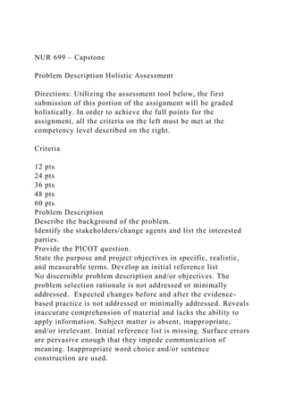 NUR 699 – Capstone
Problem Description Holistic Assessment
Directions: Utilizing the assessment tool below, the first
submission of this portion of the assignment will be graded
holistically. In order to achieve the full points for the
assignment, all the criteria on the left must be met at the
competency level described on the right.
Criteria
12 pts
24 pts
36 pts
48 pts
60 pts
Problem Description
Describe the background of the problem.
Identify the stakeholders/change agents and list the interested
parties.
Provide the PICOT question.
State the purpose and project objectives in specific, realistic,
and measurable terms. Develop an initial reference list
No discernible problem description and/or objectives. The
problem selection rationale is not addressed or minimally
addressed. Expected changes before and after the evidence-
based practice is not addressed or minimally addressed. Reveals
inaccurate comprehension of material and lacks the ability to
apply information. Subject matter is absent, inappropriate,
and/or irrelevant. Initial reference list is missing. Surface errors
are pervasive enough that they impede communication of
meaning. Inappropriate word choice and/or sentence
construction are used.
 
