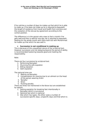 In the name of Allah, Most Merciful and Compassionate
              Peace and blessings on the Messenger of Allah




If he catches a number of days he makes up that which he is able
to make up. If he does not make up he is required to bequeath
the length of residency from travel and health from sickness and
the cessation of the excuse by agreement according to the
correct position.

The difference is in the person who vows to fast a month if he
gets well and then is well for one day. He is required to bequeath
feeding for the whole month with them both but with Muhammad
he makes up that which he was well in.

   •    Succession is not conditional in making up
This is because of the unqualified nature of the scriptural text.
However succession and not delaying beyond the period of ability
is recommended hastening towards good and meeting the
responsibility.

Note:

There   are four successive by scriptural text
   1.    Performing Ramadan
   2.    Shunning the wife expiation
   3.    Killing expiation
   4.    Oath expiation

The optional ones are
     1. Making up Ramadan
     2. Compensation for shaving due to an ailment on the head
         of the person wearing ihram
     3. Tamattu’
     4. Qiran
     5. Hunting penalty
There are three not mentioned in the Koran but are established
by reports
    1. Fasting expiation for breaking fast intentionally in
        Ramadan which is successive
    2. Optional fast which is optional
    3. Vow which has types. He either vows a number of
        successive specific days, unspecific days and that which is




                                 302
 