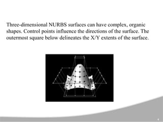 Three-dimensional NURBS surfaces can have complex, organic
shapes. Control points influence the directions of the surface. The
outermost square below delineates the X/Y extents of the surface.
6
 
