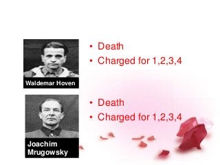 • Death
• Charged for 1,2,3,4
• Death
• Charged for 1,2,3,4
Waldemar Hoven
Joachim
Mrugowsky
 