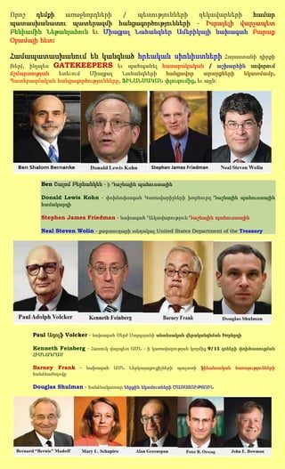 Որոշ   դեմքի առաջնորդների    /   պետությունների ղեկավարների համար
պատասխանատու պատերազմի հանցագործությունների - Իսրայելի վարչապետ
Բենիամին Նեթանյահուն եւ Միացյալ Նահանգներ Ամերիկայի նախագահ Բարաք
Օբամայի հետ:

Համապատասխանում են կանգնած հրեական սիոնիստների Հայաստանի դիրքի
(ներ), ինչպես GATEKEEPERS եւ պահպանել հասարակական / աշխարհին սովորում
ճշմարտության ետեւում   Միացյալ     Նահանգների հանցավոր       արարքների              նկատմամբ,
Պատերազմական հանցագործությունները, ՖԻՆԱՆՍԱԿԱՆ փլուզումից, եւ այլն:




          Ben Շալոմ Բերնանկեն - ի Դաշնային պահուստային

          Donald Lewis Kohn - փոխնախագահ Կառավարիչների խորհուրդ Դաշնային պահուստային
          համակարգի

          Stephen James Friedman - նախագահ Ղեկավարություն Դաշնային պահուստային

          Neal Steven Wolin - քարտուղարի տեղակալ United States Department of the Treasury




       Paul Ադոլֆ Volcker - նախագահ Սերժ Սարգսյանի տնտեսական վերականգնման Խորհրդի

       Kenneth Feinberg - Հատուկ վարպետ ԱՄՆ - ի կառավարության կողմից 9/11 զոհերի փոխհատուցման
       ՀԻՄՆԱԴՐԱՄ

       Barney Frank - նախագահ ԱՄՆ Ներկայացուցիչների պալատի ֆինանսական ծառայությունների
       հանձնաժողովը

       Douglas Shulman - հանձնակատար ներքին եկամուտների ԾԱՌԱՅՈՒԹՅՈՒՆ
 