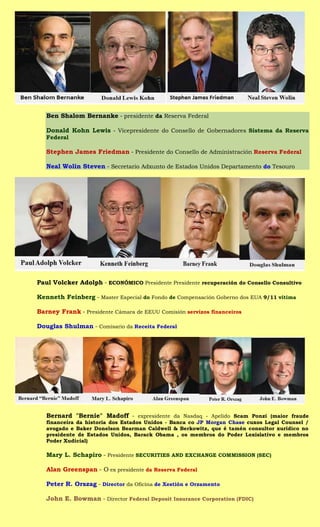 Ben Shalom Bernanke - presidente da Reserva Federal

   Donald Kohn Lewis - Vicepresidente do Consello de Gobernadores Sistema da Reserva
   Federal

   Stephen James Friedman - Presidente do Consello de Administración Reserva Federal

   Neal Wolin Steven - Secretario Adxunto de Estados Unidos Departamento do Tesouro




Paul Volcker Adolph - ECONÓMICO Presidente Presidente recuperación do Consello Consultivo

Kenneth Feinberg - Master Especial do Fondo de Compensación Goberno dos EUA 9/11 vítima

Barney Frank - Presidente Cámara de EEUU Comisión servizos financeiros

Douglas Shulman - Comisario da Receita Federal




   Bernard "Bernie" Madoff - expresidente da Nasdaq - Apelido Scam Ponzi (maior fraude
   financeira da historia dos Estados Unidos - Banca co JP Morgan Chase cuxos Legal Counsel /
   avogado e Baker Donelson Bearman Caldwell & Berkowitz, que é tamén consultor xurídico no
   presidente de Estados Unidos, Barack Obama , os membros do Poder Lexislativo e membros
   Poder Xudicial)

   Mary L. Schapiro - Presidente SECURITIES AND EXCHANGE COMMISSION (SEC)

   Alan Greenspan - O ex presidente da Reserva Federal

   Peter R. Orszag - Director da Oficina de Xestión e Orzamento

   John E. Bowman - Director Federal Deposit Insurance Corporation (FDIC)
 