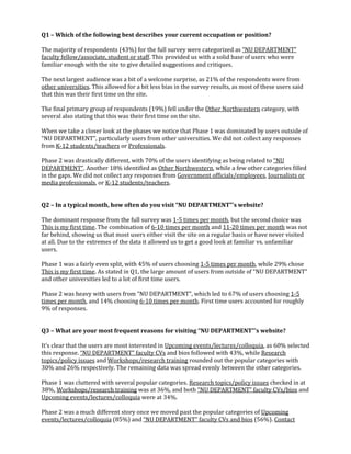 Q1 – Which of the following best describes your current occupation or position?
The majority of respondents (43%) for the full survey were categorized as “NU DEPARTMENT”
faculty fellow/associate, student or staff. This provided us with a solid base of users who were
familiar enough with the site to give detailed suggestions and critiques.
The next largest audience was a bit of a welcome surprise, as 21% of the respondents were from
other universities. This allowed for a bit less bias in the survey results, as most of these users said
that this was their first time on the site.
The final primary group of respondents (19%) fell under the Other Northwestern category, with
several also stating that this was their first time on the site.
When we take a closer look at the phases we notice that Phase 1 was dominated by users outside of
“NU DEPARTMENT”, particularly users from other universities. We did not collect any responses
from K-12 students/teachers or Professionals.
Phase 2 was drastically different, with 70% of the users identifying as being related to “NU
DEPARTMENT”. Another 18% identified as Other Northwestern, while a few other categories filled
in the gaps. We did not collect any responses from Government officials/employees, Journalists or
media professionals, or K-12 students/teachers.
Q2 – In a typical month, how often do you visit “NU DEPARTMENT”’s website?
The dominant response from the full survey was 1-5 times per month, but the second choice was
This is my first time. The combination of 6-10 times per month and 11-20 times per month was not
far behind, showing us that most users either visit the site on a regular basis or have never visited
at all. Due to the extremes of the data it allowed us to get a good look at familiar vs. unfamiliar
users.
Phase 1 was a fairly even split, with 45% of users choosing 1-5 times per month, while 29% chose
This is my first time. As stated in Q1, the large amount of users from outside of “NU DEPARTMENT”
and other universities led to a lot of first time users.
Phase 2 was heavy with users from “NU DEPARTMENT”, which led to 67% of users choosing 1-5
times per month, and 14% choosing 6-10 times per month. First time users accounted for roughly
9% of responses.
Q3 – What are your most frequent reasons for visiting “NU DEPARTMENT”’s website?
It’s clear that the users are most interested in Upcoming events/lectures/colloquia, as 60% selected
this response. “NU DEPARTMENT” faculty CVs and bios followed with 43%, while Research
topics/policy issues and Workshops/research training rounded out the popular categories with
30% and 26% respectively. The remaining data was spread evenly between the other categories.
Phase 1 was cluttered with several popular categories. Research topics/policy issues checked in at
38%, Workshops/research training was at 36%, and both “NU DEPARTMENT” faculty CVs/bios and
Upcoming events/lectures/colloquia were at 34%.
Phase 2 was a much different story once we moved past the popular categories of Upcoming
events/lectures/colloquia (85%) and “NU DEPARTMENT” faculty CVs and bios (56%). Contact

 
