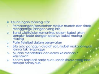     Keuntungan topologi star
1.    Pemasangan/perubahan stasiun mudah dan tidak
      menggangu jaringan yang lain
2.    Band width/jalur komunikasi dalam kabel akan
      semakin lebar dengan adanya kabel masing
      masing
3.    Palin fleksibel dalam perawatan
4.    Bila ada ganggun disalah satu kabel maka jaringan
      lainya tak terganggu
5.    Mudah mendeteksi dan isolasi kesalahan /
      kerusakan
6.    Kontrol terpusat pada suatu nodekhusus yang bisa
      berupa serve/hub.
 
