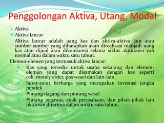 Penggolongan Aktiva, Utang, Modal
 Aktiva
 Aktiva lancar

Aktiva lancar adalah uang kas dan aktiva-aktiva lain atau
sumber-sumber yang diharapkan akan direalisasi menjadi uang
kas atau dijual atau dikonsumsi selama siklus akuntansi yan
normal atau dalam waktu satu tahun.
Elemen-elemen yang termasuk aktiva lancar:
 Kas yang tersedia untuk usaha sekarang dan elemenelemen yang dapat disamakan dengan kas seperti
cek, money order, pos wesel dan lain-lain.
 Surat-surat berharga yang merupakan investasi jangka
pendek
 Piutang dagang dan piutang wesel.
 Piutang pegawai, anak perusahaan, dan pihak-pihak lain
jika akan diterima dalam waktu satu tahun.

 