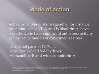 Active principles of Ashwagandha, for instance
the sitoindosides VII-X and Withaferin-A, have
been shown to have significant anti-stress activity
against acute models of experimental stress
The aerial parts of Withania
somnifera yielded 5-dehydroxy
withanolide-R and withasomniferin-A
Singh, N., Bhalla, M., de Jager, P., & Gilca, M. (2011). An overview on ashwagandha: a Rasayana (rejuvenator) of Ayurveda. African
journal of traditional, complementary, and alternative medicines : AJTCAM, 8(5 Suppl), 208–213.
https://doi.org/10.4314/ajtcam.v8i5S.9
 