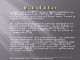 Evening primrose oil (EPO) is extremely high in linoleic acid (LA)
(70–74%) and γ-linolenic acid (GLA) (8–10%), which may
contribute to the proper functioning of human tissues because they
are precursors of anti-inflammatory
EPO supplementation results in an increase in plasma levels of γ-
linolenic acid and its metabolite dihomo-γ-linolenic acid (DGLA).
This compound is oxidized by lipoxygenase (15-LOX) to 15-
hydroxyeicosatrienoic acid (15-HETrE) or, under the influence of
cyclooxygenase (COX),
DGLA is metabolized to series 1 prostaglandins. These compounds
have anti-inflammatory and anti-proliferative properties.
Furthermore, 15-HETrE blocks the conversion of arachidonic acid
(AA) to leukotriene A4 (LTA4) by direct inhibition of 5-LOX. In
addition, γ-linolenic acid suppresses inflammation mediators such
as interleukin 1β (IL-1β), interleukin 6 (IL-6), and cytokine - tumor
necrosis factor α (TNF-α).
Timoszuk, M., Bielawska, K., & Skrzydlewska, E. (2018). Evening Primrose (Oenothera biennis) Biological Activity Dependent on Chemical
Composition. Antioxidants (Basel, Switzerland), 7(8), 108. https://doi.org/10.3390/antiox7080108
 