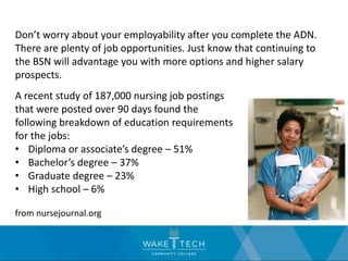 Don’t worry about your employability after you complete the ADN.
There are plenty of job opportunities. Just know that continuing to
the BSN will advantage you with more options and higher salary
prospects.
A recent study of 187,000 nursing job postings
that were posted over 90 days found the
following breakdown of education requirements
for the jobs:
• Diploma or associate’s degree – 51%
• Bachelor’s degree – 37%
• Graduate degree – 23%
• High school – 6%
from nursejournal.org
 