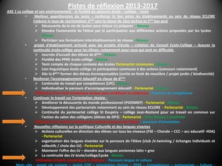 Pistes de réflexion 2013-2017

AXE 1 Le collège et son environnement - la fluidité du parcours école – collège – lycée
•
Meilleur appréhension du lycée – renforcer le lien entre les établissements au sein du réseau ECLORE
(réduire le taux de réorientation 2nde vers la classe de 1ère techno et 1ère bac pro)
 Découverte de la vie de lycéen pour mieux s’y préparer - Réseau
 Etendre l’autonomie de l’élève par la participation aux différentes actions proposées par les lycées Réseau
 Participer aux formations interétablissement de réseau - Réseau
•
projet d’établissement articulé avec les projets d’école – création du Conseil Ecole-Collège – Assurer la
continuité école-collège pour les élèves, notamment pour ceux qui sont en difficulté.
 Journée d’accueil des élèves de 6ème - Réseau
 Fluidité des PPRE école-collège - Réseau
 Tenir compte de chaque contexte des écoles Partenariat communes - Réseau
 Lien linguistique école-collège et participation commune à des actions (concours notamment)
 Dès la 6ème former des élèves écoresponsables (sortie en foret de moulière / projet jardin / biodiversité)
•
Renforcer l’accompagnement éducatif en classe de 6ème
 Continuité du travail par compétences (LPC) - Réseau
 Individualiser le parcours d’accompagnement éducatif - Partenariat - Réseau
Utilisation d’un outil numérique unique pour améliorer la cohérence - Parcours de compétence
•
Continuer le travail sur l’orientation choisie  Améliorer la découverte du monde professionnel (PIODMEP) - Partenariat - Réseau
 Développement des partenariats notamment au sein du réseau ECLORE - Partenariat - Réseau
 Continuité du partenariat collège St Exupéry – collège Jean-Rostand pour un travail en commun sur
l’action du salon des collégiens (élèves de DP3) - Partenariat – Hors Réseau / proximité
Utilisation d’un outil numérique de suivi du parcours de l’élève – parcours d’orientation
•
Nouvelles réflexions sur la politique Culturelle et des langues vivantes
 Actions culturelles en direction des élèves sur tous les niveaux (FSE – Chorale – CCC – acc educatif- HDA)
- Partenariat
 organisation des langues vivantes sur le parcours de l’élève (club /e-twinning / échanges individuels et
collectifs / choix des LV) - Partenariat
 Maintenir l’offre des LV – étendre aux langues anciennes latin + grec
 La continuité des LV école/collège/Lycée - Réseau
Utilisation d’outils numériques à distance – Parcours langue et culture

 