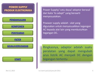 Power Supply/ catu daya/ adaptor berasal
dari kata ‘to adapt” yang beraarti
menyesuaiakan.
Powwer supply adalah : alat yang
digunakan untuk menyesuaikkan tegangan
AC kepada alat lain yang membutuhkan
tegangan DC.

Ringkasnya, adaptor adalah suatu
peralatan yang dapat mengubah
arus listrik AC menjadi DC dengan
tegangan tertentu

Nov 12, 2013

nur kamri pascasarjana ptk 2011

3

 