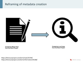 Reframing of metadata creation
https://thenounproject.com/term/note/35744/
https://thenounproject.com/term/information/45188/
 