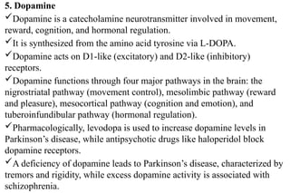 5. Dopamine
Dopamine is a catecholamine neurotransmitter involved in movement,
reward, cognition, and hormonal regulation.
It is synthesized from the amino acid tyrosine via L-DOPA.
Dopamine acts on D1-like (excitatory) and D2-like (inhibitory)
receptors.
Dopamine functions through four major pathways in the brain: the
nigrostriatal pathway (movement control), mesolimbic pathway (reward
and pleasure), mesocortical pathway (cognition and emotion), and
tuberoinfundibular pathway (hormonal regulation).
Pharmacologically, levodopa is used to increase dopamine levels in
Parkinson’s disease, while antipsychotic drugs like haloperidol block
dopamine receptors.
A deficiency of dopamine leads to Parkinson’s disease, characterized by
tremors and rigidity, while excess dopamine activity is associated with
schizophrenia.
 