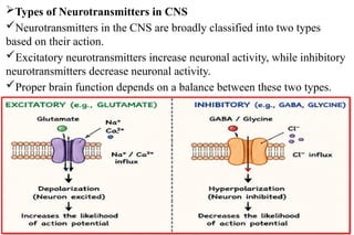 Types of Neurotransmitters in CNS
Neurotransmitters in the CNS are broadly classified into two types
based on their action.
Excitatory neurotransmitters increase neuronal activity, while inhibitory
neurotransmitters decrease neuronal activity.
Proper brain function depends on a balance between these two types.
 