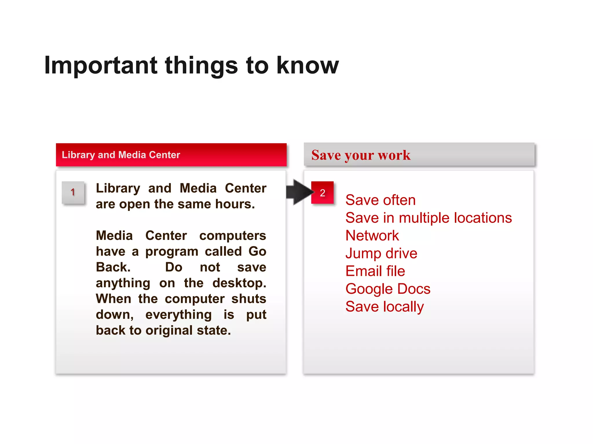 Important things to know


 Library and Media Center         Save your work

  1    Library and Media Center    2
       are open the same hours.        Save often
                                       Save in multiple locations
       Media Center computers          Network
       have a program called Go        Jump drive
       Back.      Do not save          Email file
       anything on the desktop.        Google Docs
       When the computer shuts
       down, everything is put
                                       Save locally
       back to original state.
 