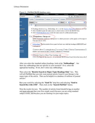 Library Orientation

       Figure 6 – PubMed MeSH database entry




       After you select the standard subject headings, look at the “Subheadings”. Are
       there any subheadings that are specific to your research? If so, select the
       appropriate heading. If not, don’t select any subheadings.

       Then select the “Restrict Search to Major Topic Headings Only” box. This
       will tell PubMed that you only want journal articles listed if your therapy is the
       major topic of the article. That can be helpful in a database of millions of journal
       articles!

       Run your search by selecting the “Send To” drop box and selecting “Send to
       Search Box with AND”. Then click on the “Search PubMed” button.

       Note the results list now. The number of articles listed should be less in number
       and more relevant than your first simple search because you are using standard
       subject words, and because you are limiting it to just major topics.




                                           -6-
 