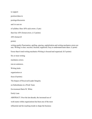 to support
position/ideas in
postings/discussion
and /or uses no
of syllabus. Rare APA style errors. (3 pts)
than four APA format errors. (1.5 points)
APA format (0
points)
writing quality Punctuation, spelling, spacing, capitalization and writing mechanics errors are
rare. Writing is clear, succinct, focused, organized, Easy to understand main ideas. (1 point)
Fewer than 6 total writing mechanics Writing is focused and organized. (0.5 points)
Six or more writing
mechanics errors;
run-on sentences.
Writing lacks
organization or
focus (0 points)
The Impact of Perceived Leader Integrity
on Subordinates in a Work Team
Environment Darin W. White
Emily Lean
ABSTRACT. Over the last decade, the increased use of
work teams within organizations has been one of the most
influential and far-reaching trends to shape the business
 