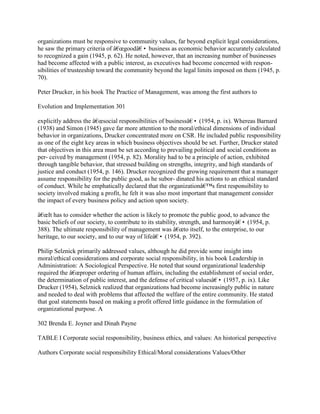 organizations must be responsive to community values, far beyond explicit legal considerations,
he saw the primary criteria of â€œgoodâ€• business as economic behavior accurately calculated
to recognized a gain (1945, p. 62). He noted, however, that an increasing number of businesses
had become affected with a public interest, as executives had become concerned with respon-
sibilities of trusteeship toward the community beyond the legal limits imposed on them (1945, p.
70).
Peter Drucker, in his book The Practice of Management, was among the first authors to
Evolution and Implementation 301
explicitly address the â€œsocial responsibilities of businessâ€• (1954, p. ix). Whereas Barnard
(1938) and Simon (1945) gave far more attention to the moral/ethical dimensions of individual
behavior in organizations, Drucker concentrated more on CSR. He included public responsibility
as one of the eight key areas in which business objectives should be set. Further, Drucker stated
that objectives in this area must be set according to prevailing political and social conditions as
per- ceived by management (1954, p. 82). Morality had to be a principle of action, exhibited
through tangible behavior, that stressed building on strengths, integrity, and high standards of
justice and conduct (1954, p. 146). Drucker recognized the growing requirement that a manager
assume responsibility for the public good, as he subor- dinated his actions to an ethical standard
of conduct. While he emphatically declared that the organizationâ€™s first responsibility to
society involved making a profit, he felt it was also most important that management consider
the impact of every business policy and action upon society.
â€œIt has to consider whether the action is likely to promote the public good, to advance the
basic beliefs of our society, to contribute to its stability, strength, and harmonyâ€• (1954, p.
388). The ultimate responsibility of management was â€œto itself, to the enterprise, to our
heritage, to our society, and to our way of lifeâ€• (1954, p. 392).
Philip Selznick primarily addressed values, although he did provide some insight into
moral/ethical considerations and corporate social responsibility, in his book Leadership in
Administration: A Sociological Perspective. He noted that sound organizational leadership
required the â€œproper ordering of human affairs, including the establishment of social order,
the determination of public interest, and the defense of critical valuesâ€• (1957, p. ix). Like
Drucker (1954), Selznick realized that organizations had become increasingly public in nature
and needed to deal with problems that affected the welfare of the entire community. He stated
that goal statements based on making a profit offered little guidance in the formulation of
organizational purpose. A
302 Brenda E. Joyner and Dinah Payne
TABLE I Corporate social responsibility, business ethics, and values: An historical perspective
Authors Corporate social responsibility Ethical/Moral considerations Values/Other
 