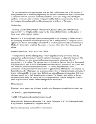 The emergence of the concepts discussed here and their evolution over time in the literature of
management shows an increasing emphasis by the academic community on the social issues that
a firm must consider. However, at the same time these issues were being considered by the
academic community, they were also being addressed by the business community. It is the way
in which practitioners have addressed these issues that is the focus of this study.
Methodology
This study seeks to identify the link between values, business ethics, and corporate social
responsibility. The first phase of the study was the empirical identification and description of
these issues within business practice.
Because CSR is a concept made up of various categories, it was necessary to find a framework
for identifying those levels within the practice of CSR. A widely used set of categories of CSR
appears to be that set identified by Carroll (1979) in his â€œOrganizational Social Performance
Model.â€• It should be noted that the concept of business ethics falls within the category of
ethical
responsiveness in the Carroll model. See Table II.
Two organizations that have been publicly acknowledged as socially responsible firms by
organizations and communities where they operate were selected as subjects for this study. The
first firm (Firm A) is a large commercial construction company with annual sales of
approximately $150 million. The company has been in business for more than three decades and
is highly regarded, both in the local business community where its headquarters are located, and
also within the national community of builders. The second subject (Firm B) is also a
commercial construction firm with annual sales of approximately $40 million. This company has
been in business for fifteen years and specializes in renovation of large commercial complexes. It
is also well regarded by its peers within the local and national business communities. Both orga-
nizations are still run by their founding entre- preneurs. The founders were willing to discuss
their experiences during the start up and devel- opment of these ventures, and agreed to partic-
ipate fully in whatever manner seemed appropriate for the research.
Data collection
Interviews are an appropriate technique for gath- ering data concerning cultural categories and
304 Brenda E. Joyner and Dinah Payne
TABLE II Organizational social performance model
Dimension I â€“ Philosophy Dimension II â€“ Social Dimension III â€“ Social Issues of Social
Responsiveness Responsibility Categories Involved
Proaction Discretionary responsibilities Consumerism
 