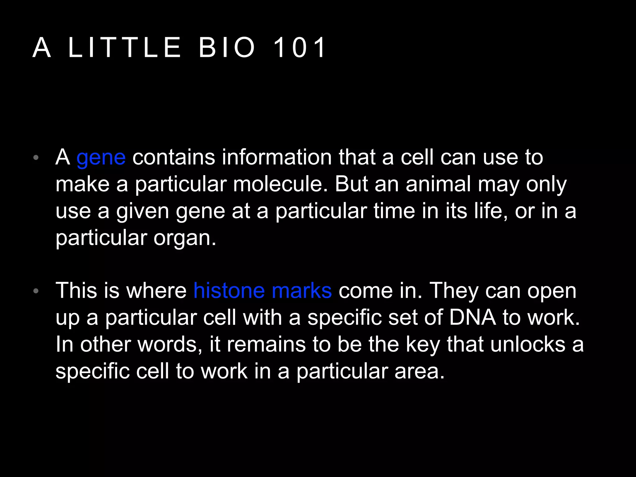 A L I T T LE BIO 1 0 1 
• A gene contains information that a cell can use to 
make a particular molecule. But an animal may only 
use a given gene at a particular time in its life, or in a 
particular organ. 
• This is where histone marks come in. They can open 
up a particular cell with a specific set of DNA to work. 
In other words, it remains to be the key that unlocks a 
specific cell to work in a particular area. 
 