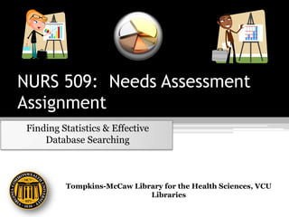 NURS 509: Needs Assessment
Assignment
Finding Statistics & Effective
Database Searching
Tompkins-McCaw Library for the Health Sciences, VCU
Libraries
 