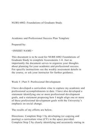 NURS 6002: Foundations of Graduate Study
Academic and Professional Success Plan Template
Prepared by:
<INSERT NAME>
This document is to be used for NURS 6002 Foundations of
Graduate Study to complete Assessments 1-6. Just as
importantly the document serves to organize your thoughts
about planning for your academic and professional success.
For specific instructions see the weekly assessment details in
the course, or ask your instructor for further guidance.
Week 5 | Part 5: Professional Development
I have developed a curriculum vitae to capture my academic and
professional accomplishments to date. I have also developed a
statement identifying one or more professional development
goals, and a statement proposing how I might align one or more
of these professional development goals with the University’s
emphasis on social change.
The results of my efforts are below.
Directions: Complete Step 1 by developing (or copying and
pasting) a curriculum vitae (CV) in the space provided.
Complete Step 2 by clearly identifying and accurately stating in
 