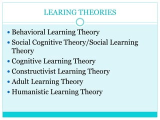 LEARING THEORIES 
 Behavioral Learning Theory 
 Social Cognitive Theory/Social Learning 
Theory 
 Cognitive Learning Theory 
 Constructivist Learning Theory 
 Adult Learning Theory 
 Humanistic Learning Theory 
 