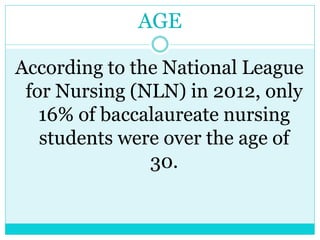 AGE 
According to the National League 
for Nursing (NLN) in 2012, only 
16% of baccalaureate nursing 
students were over the age of 
30. 
 