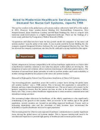 Need to Modernize Healthcare Services Heightens
Demand for Nurse Call Systems, reports TMR
The top five vendors in the global nurse call systems market collectively held 44% of the market
in 2013. However, these vendors-Ascom Holding AG, Rauland-Borg Corporation, Tyco
SimplexGrinnell, Azure Healthcare Limited, and Hill-Rom Holdings Inc.-have to compete with
numerous small-sized players in a highly fragmented landscape. These are the findings of a
recent study published by Transparency Market Research (TMR).
“Acquisitions and takeovers have been the key growth model for companies in the nurse call
systems market,” says the author of the study. A case in point would be Ascom Holding AG, the
company acquired Integrated Wireless Software Pty. Ltd. and Integrated Wireless Pty. Ltd. This
has allowed the company to penetrate into Asia Pacific and build a strong foothold in this region.
System integration to increase compatibility with various healthcare applications in a bid to offer
comprehensive workflow solutions is also what key players in this market are striving for. The
integration of nurse call solutions allows real-time monitoring of individual patient metrics. The
formation of national-level dealer networks in order to increase product reach and availability is
another strategy adopted by key players in the nurse call systems market.
Demand for High-quality Patient Care Necessitates Installation of Nurse Call Systems
“An increasing geriatric population across the world is a major factor driving the global nurse
call systems market,” says a TMR analyst. This is because this population is susceptible to
illnesses and may require hospitalization for dedicated care. The use of nurse call systems for the
geriatric population ensures that the patient can raise an alert at the nurse’s station to deliver
timely care. This, in turn, allows healthcare organizations to attain seamless communication and
streamline nursing activities.
The increasing budget allocation for healthcare of the elderly population is also significantly
contributing to the growth of this market. With an increase in the median age of the global
population, several countries are focused on providing improved healthcare. Factors such as
increasing dependency ratio and the retirement of baby boomers have necessitated the
availability of quality healthcare services for aged population.
The increasing need for effective and responsive healthcare communication is another significant
factor driving the global nurse call systems market. This is because nursing staff need to be
watchful and responsive to provide high quality of healthcare and to ensure patient safety.
 