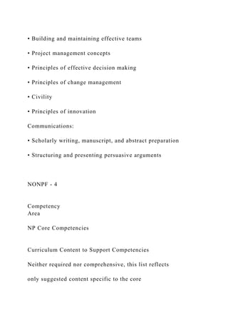 • Building and maintaining effective teams
• Project management concepts
• Principles of effective decision making
• Principles of change management
• Civility
• Principles of innovation
Communications:
• Scholarly writing, manuscript, and abstract preparation
• Structuring and presenting persuasive arguments
NONPF - 4
Competency
Area
NP Core Competencies
Curriculum Content to Support Competencies
Neither required nor comprehensive, this list reflects
only suggested content specific to the core
 
